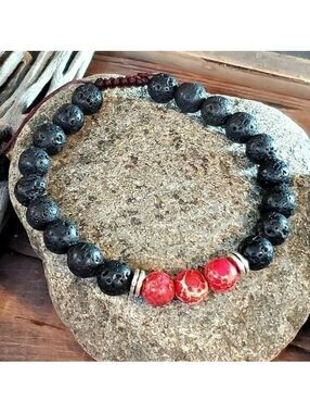 Hand Crafted Chakra Bracelet Red Aqua Terra Jasper Black Lava